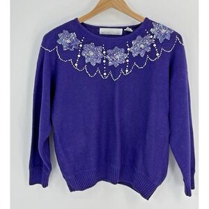 VTG Bramble Lane Womens Med‎ Sweater Purple Rhinestones Sequins Holiday Party